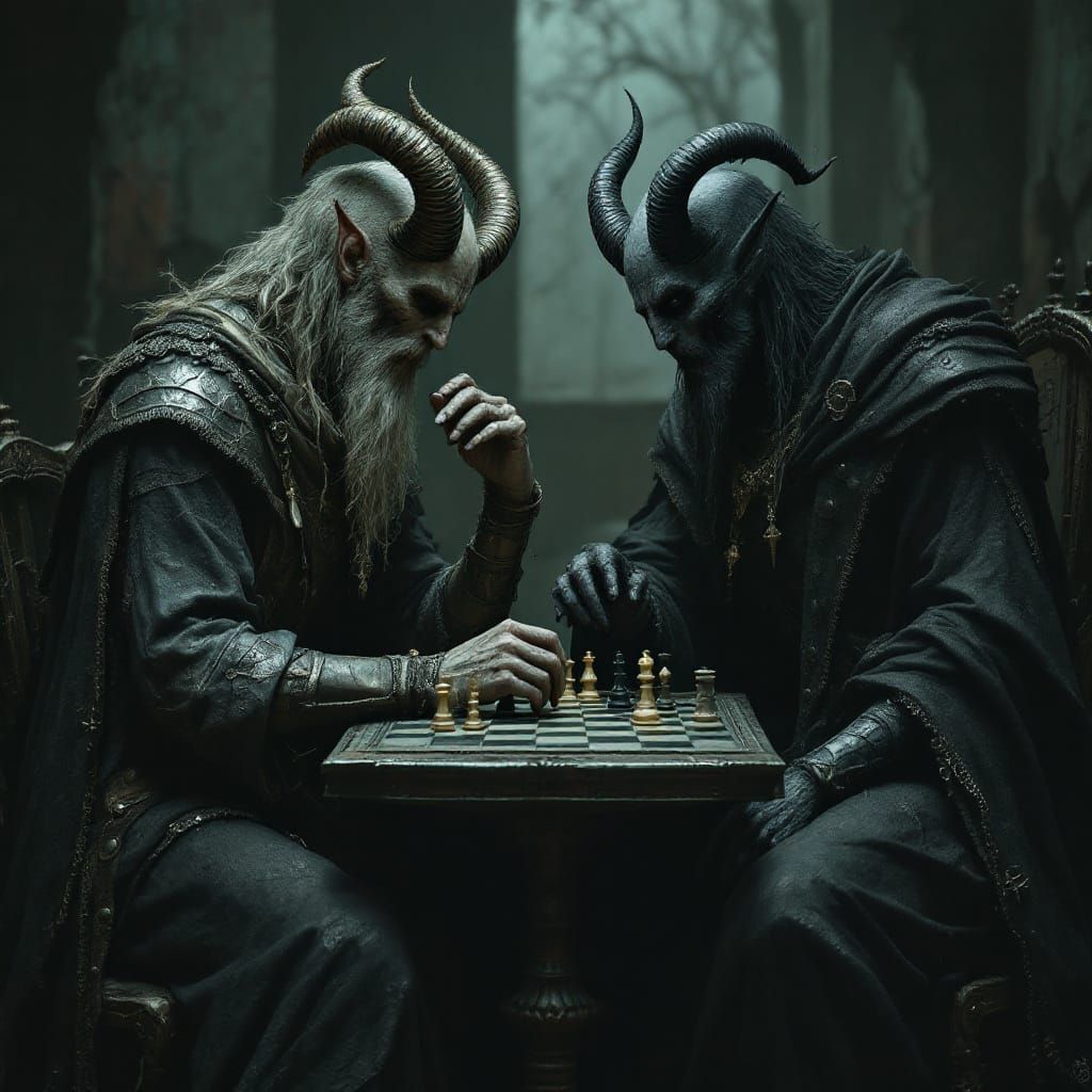 God and Satan Play Chess in a Moody 3D Scene