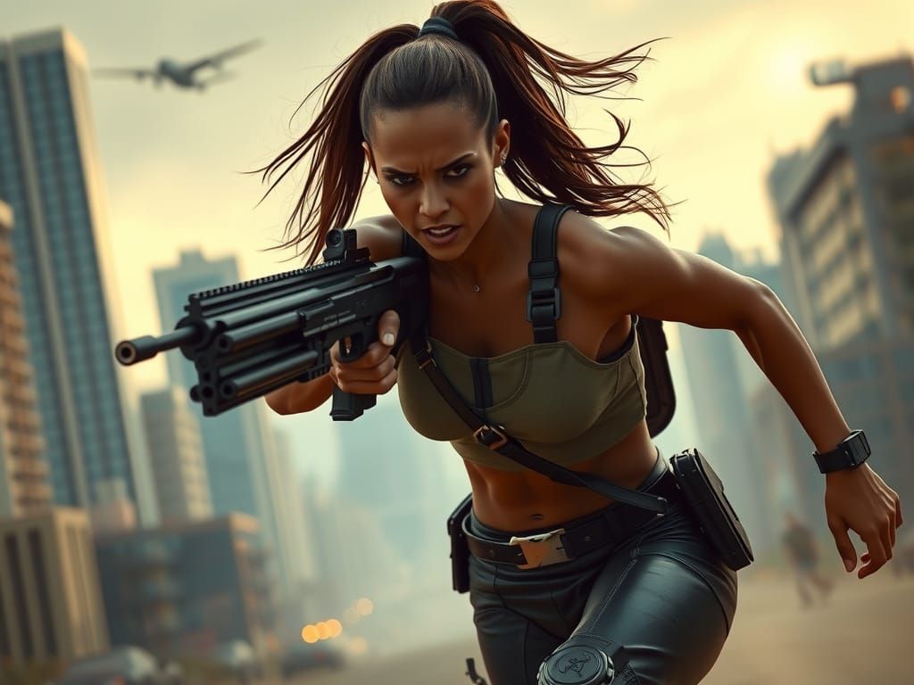 Futuristic Vampire Hunter in Dystopian Cityscape