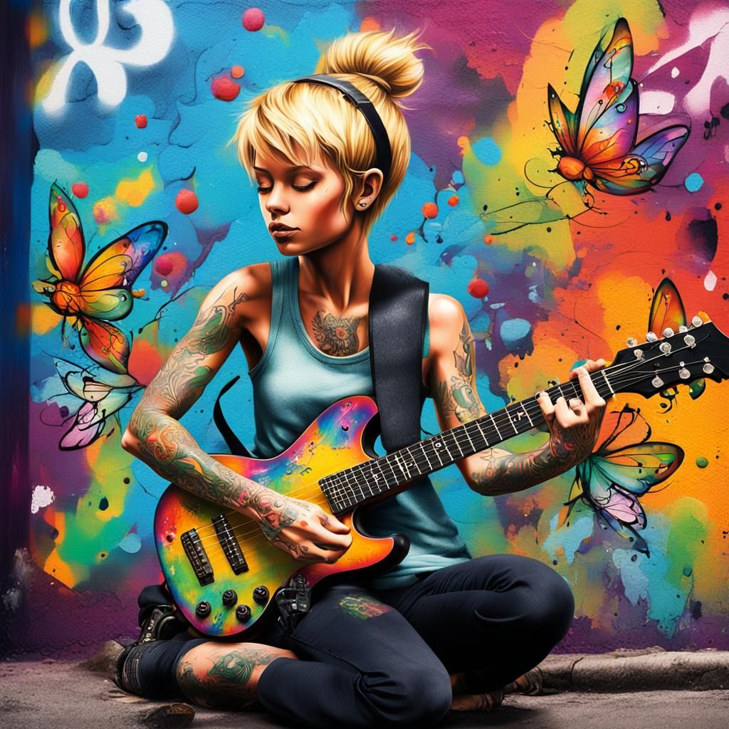 Tinkerbell Plays Guitar Amid Vivid Graffiti Art