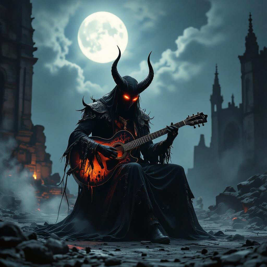 Devil Musician on Moonlit Stage in Ethereal Light
