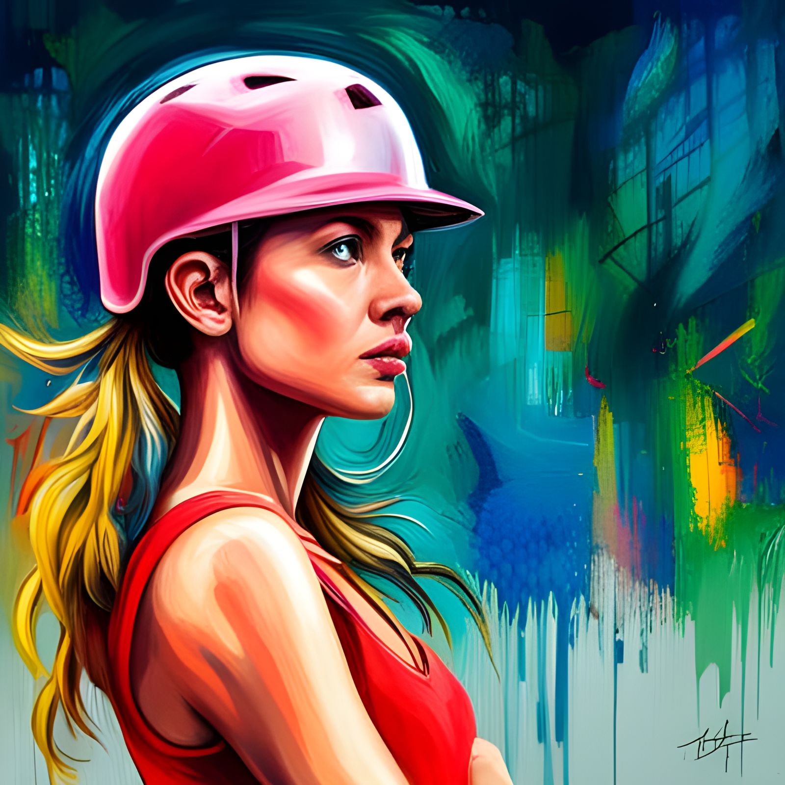 Strong Woman in Baseball Helmet, Graffiti Art