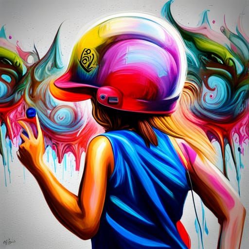 Confident Woman in Baseball Helmet: Graffiti Art
