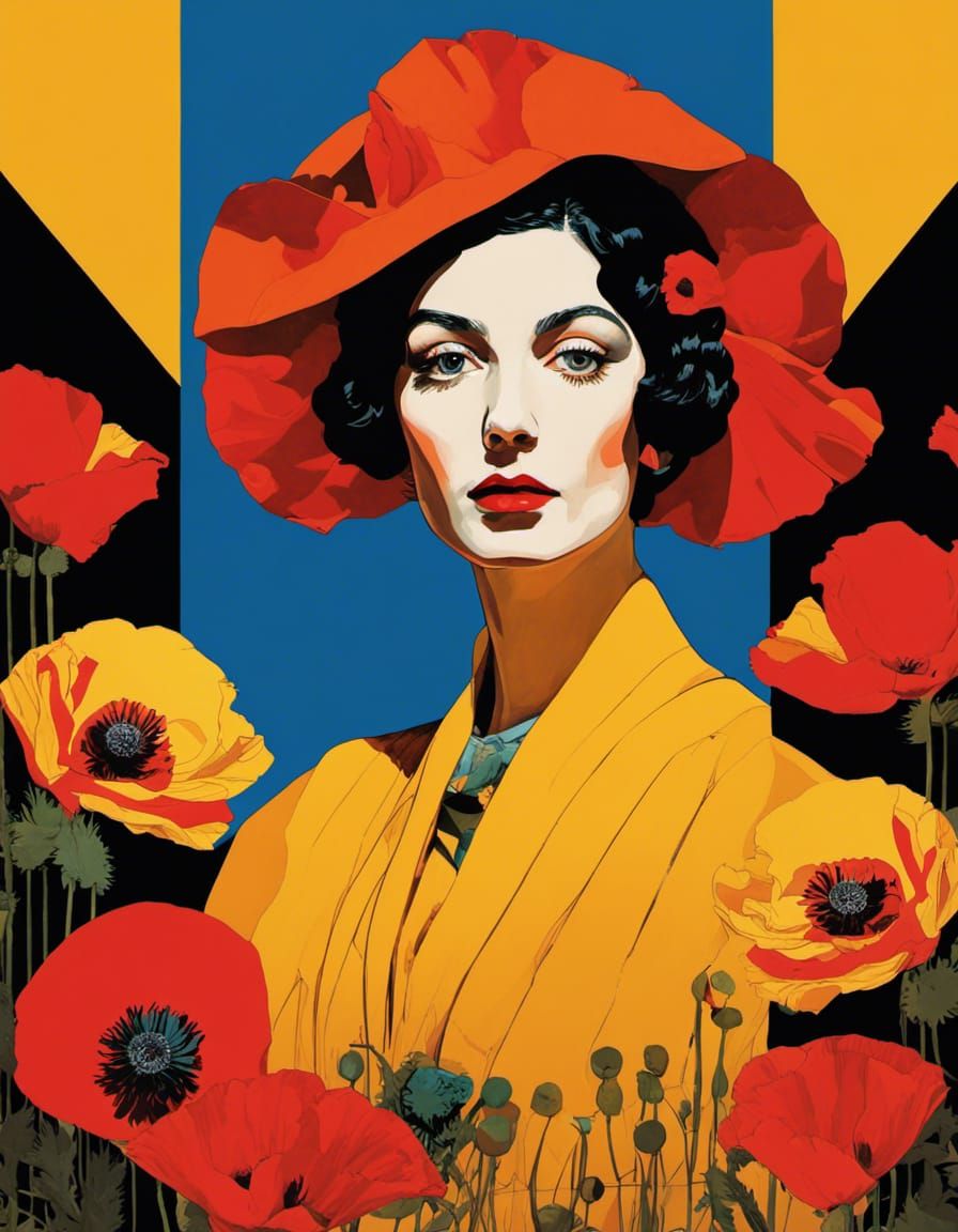 Poppy Flowers and Woman in Bauhaus Portrait Collage