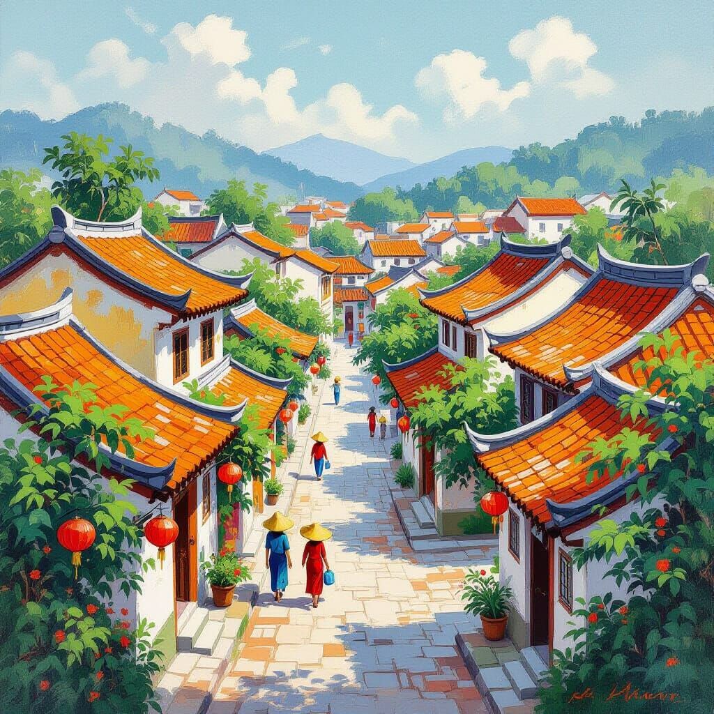 Charming Vietnamese Village with Colorful Lanterns