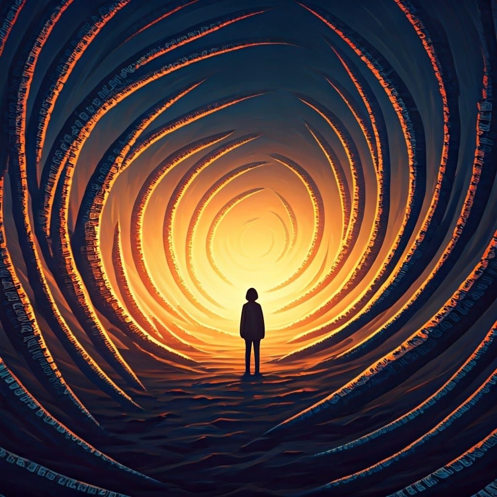 Child in Surreal Landscape with Floating Words