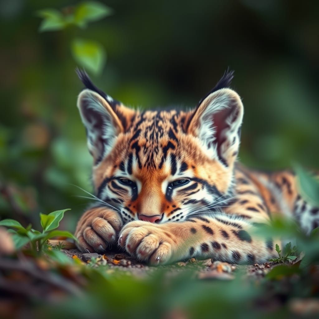 Baby Bobcat in Hyperrealistic Forest Scene