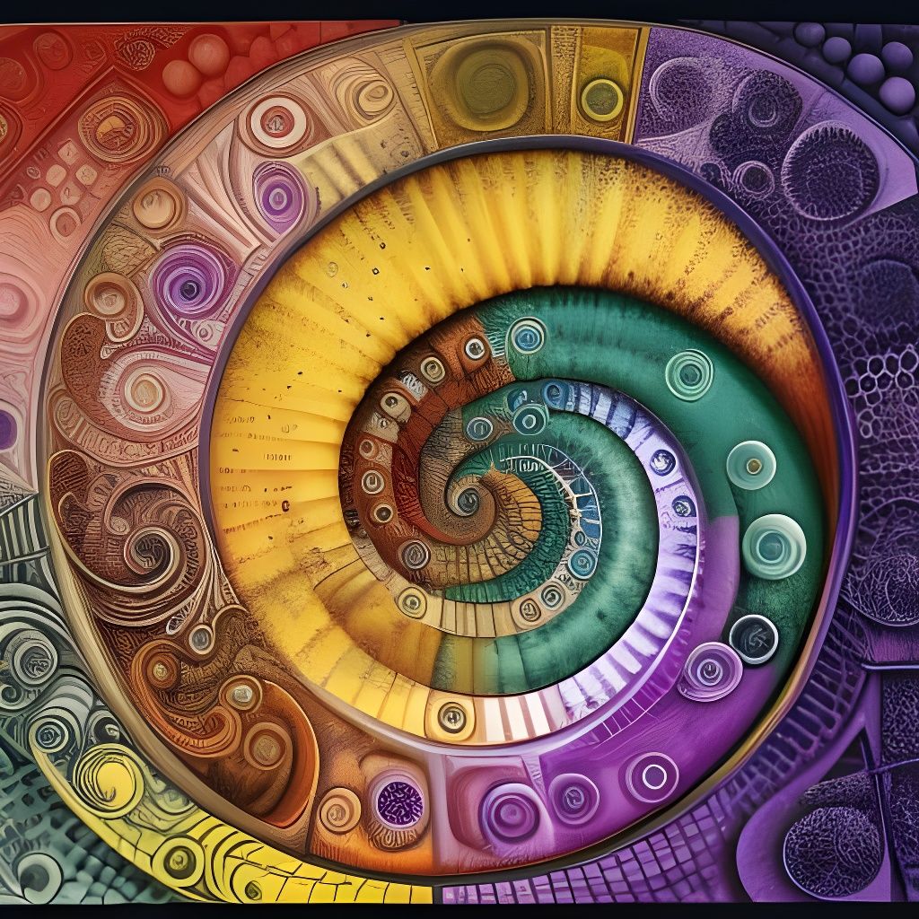 Colorful Stepwell with Fibonacci Spiral Illustration