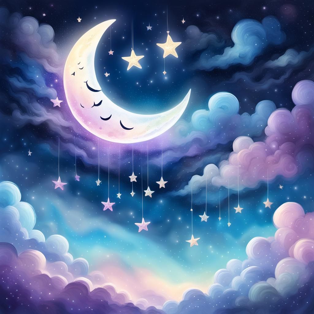 Smiling Crescent Moon in Pastel Night Sky