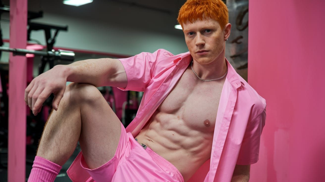 Muscular Ginger Man in Pink Gym Outfit
