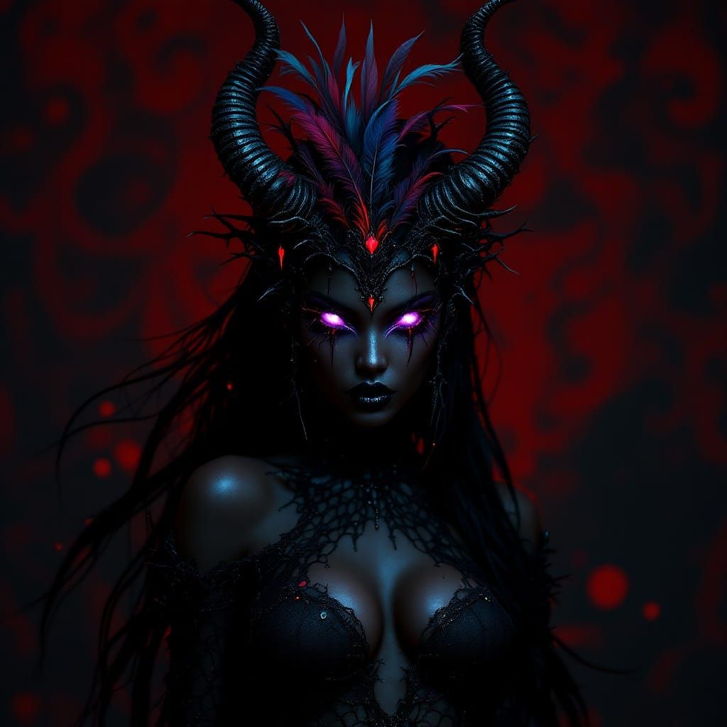 Majestic Goth Shadow Demon in Intricate Black Spider Web Dre...