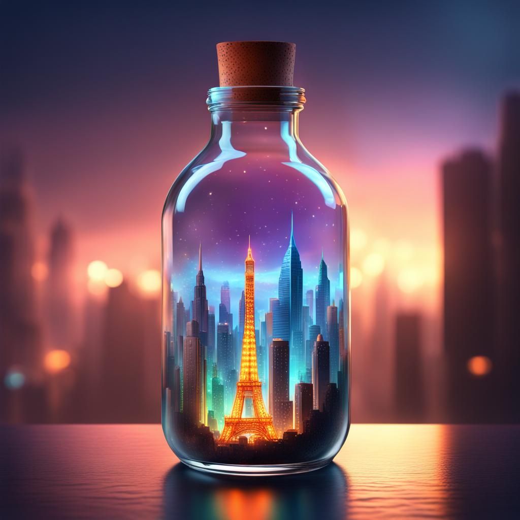 Glowing City in Glass Bottle: Hyperrealistic Concept Art