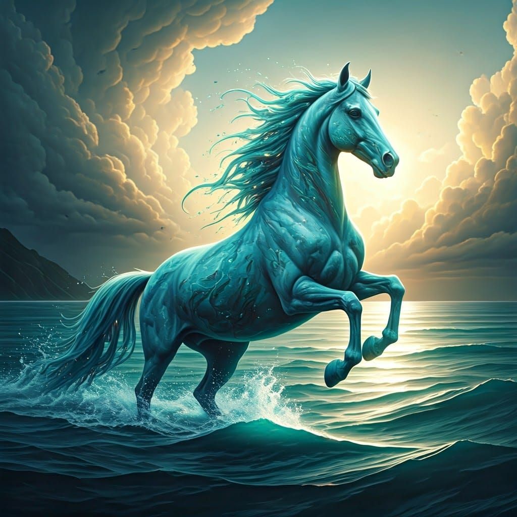Majestic Ocean Horse Galloping Above Turquoise Waves
