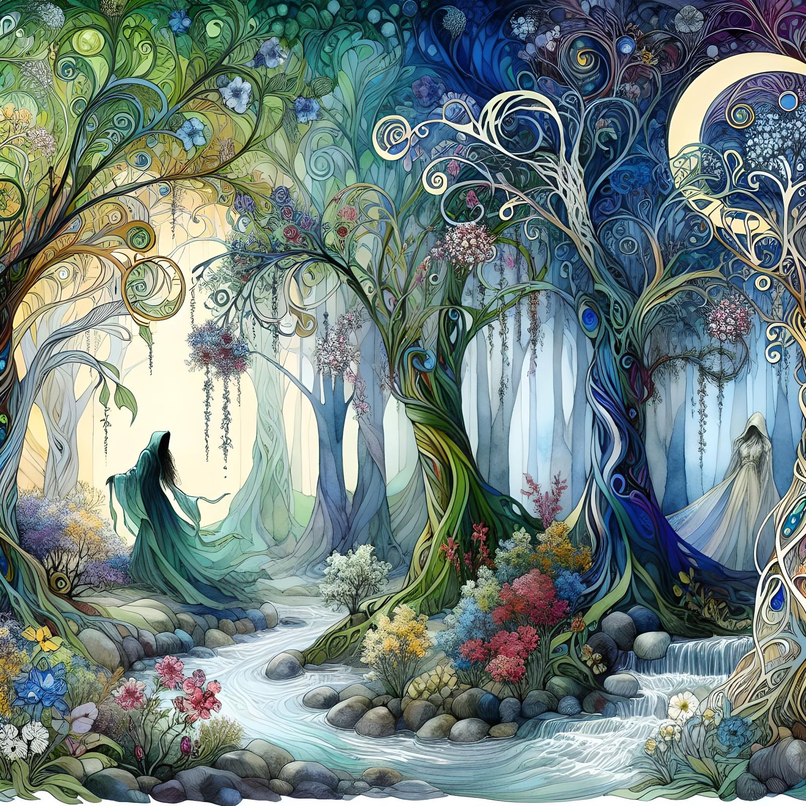 Enchanted Forest: An Art Nouveau Springtime Scene