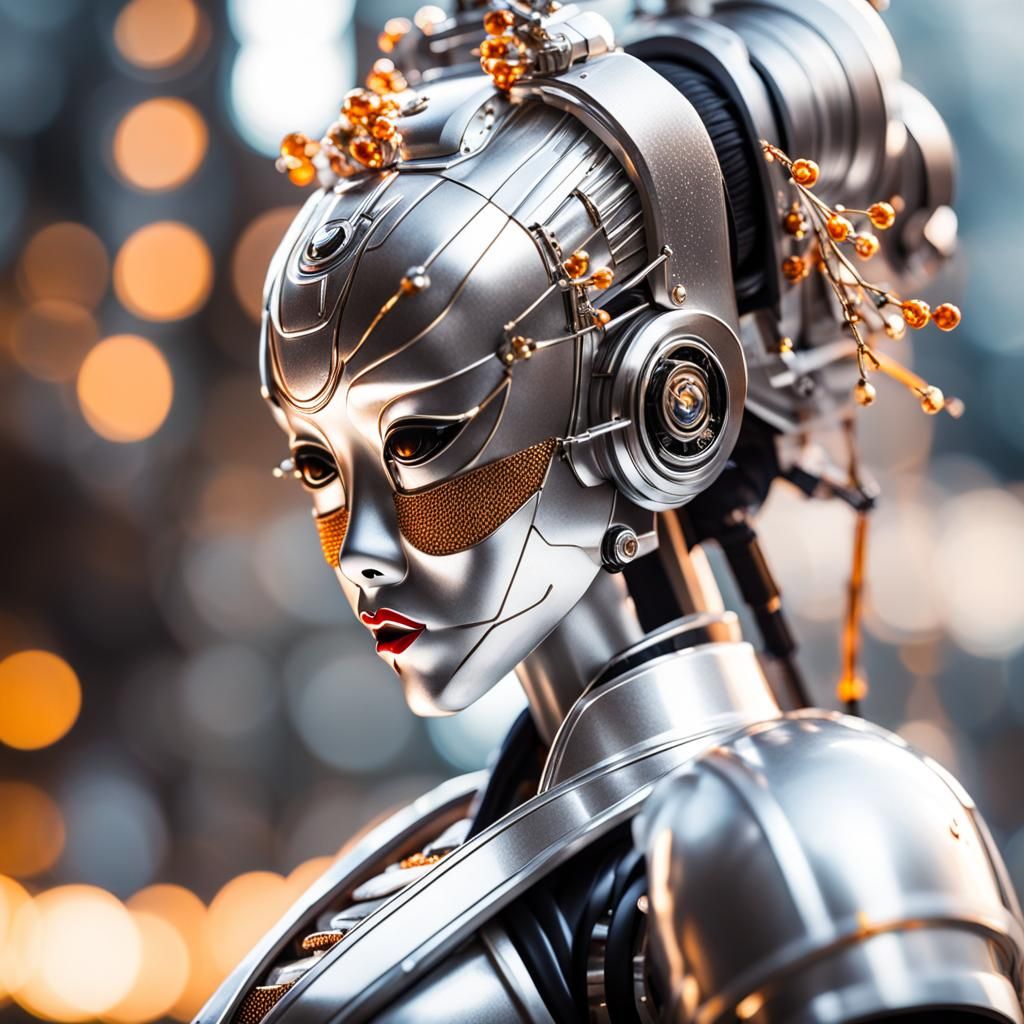 Silver Robo Geisha Kiss: AI Photography
