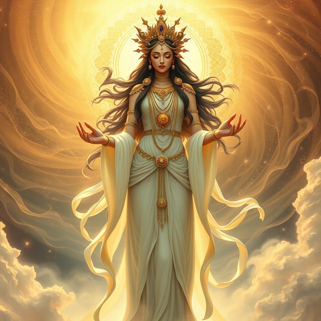 Ethereal Goddess of Cosmic Transformation in Golden Light