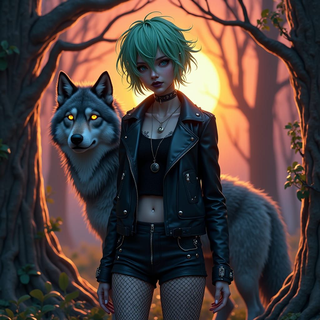 Gothic Punk Woman with Wolf in Anime Style