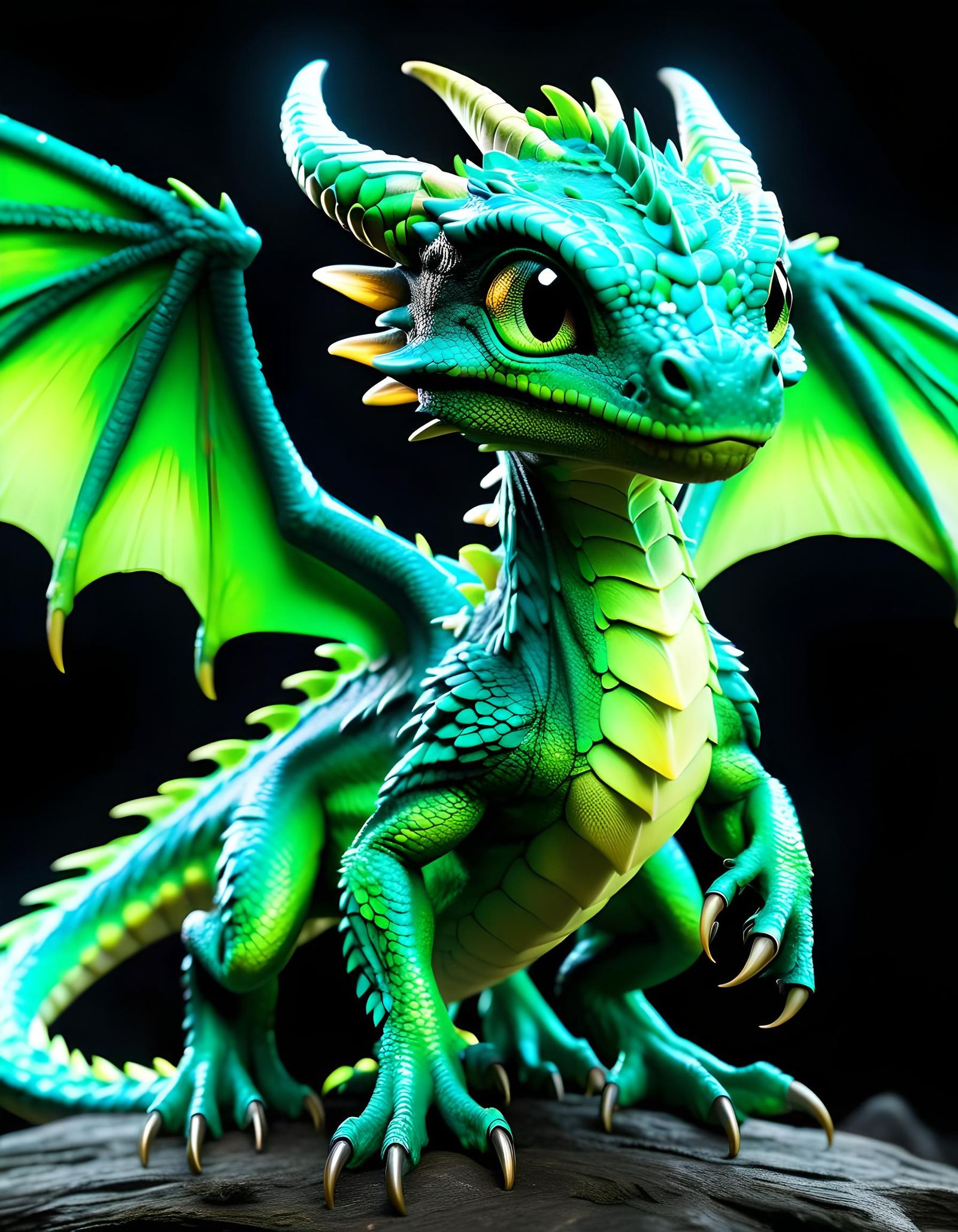 Chibi Bioluminescent Green Dragon Wyvern in Hyperrealism