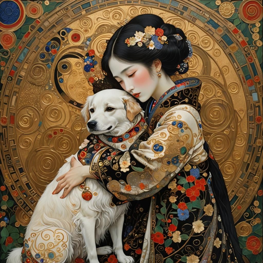 Woman and Dog in Art Nouveau Style