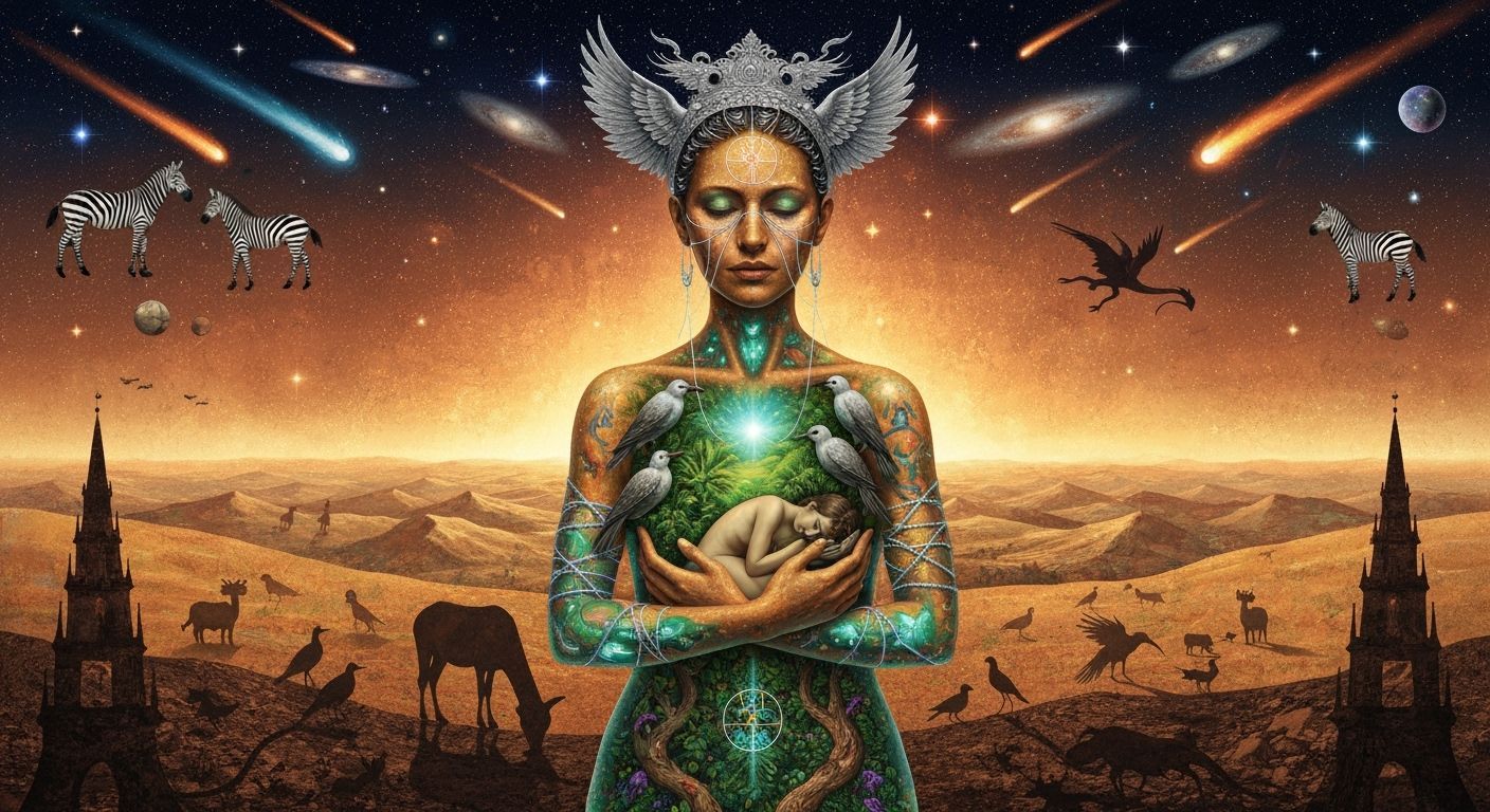 Mystical Shaman with Inner Oasis Under Copper Sky