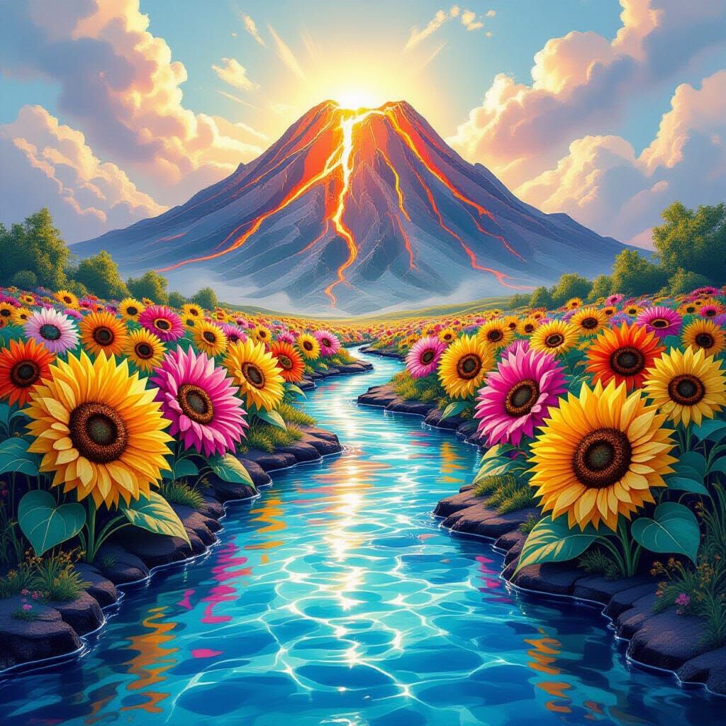 Alcohol Ink Sunflowers Over Lava Mountain