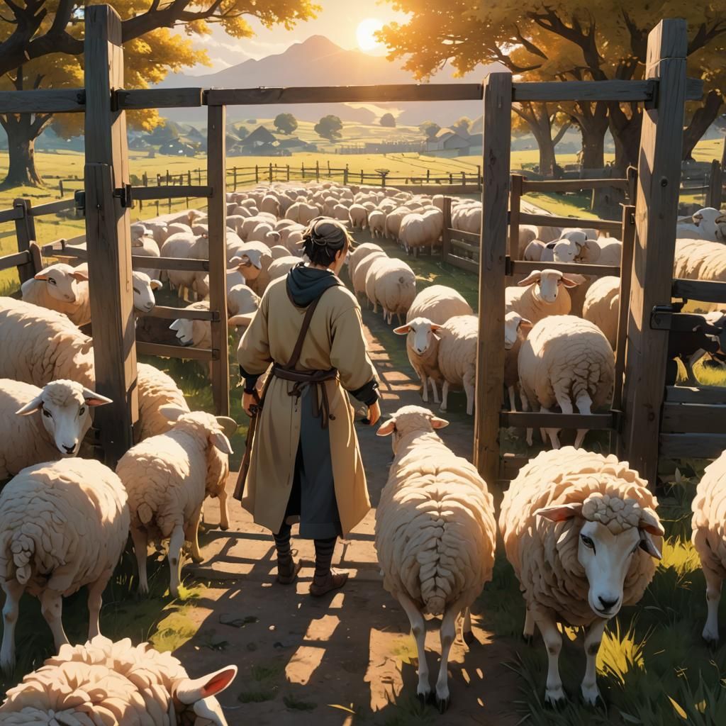Anime Shepherd and Sheep in Golden Sunrise Light