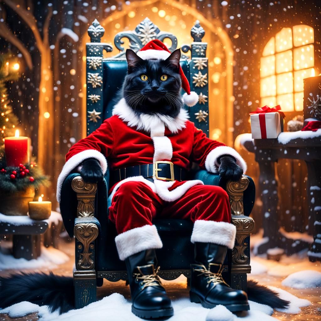 Furry Santa Cat on Throne in Snowy Workshop