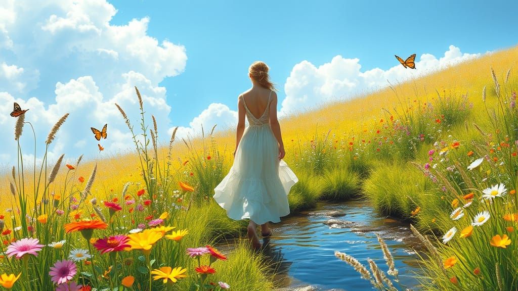 Woman in Meadow with Wildflowers, Hyperdetailed Landscape