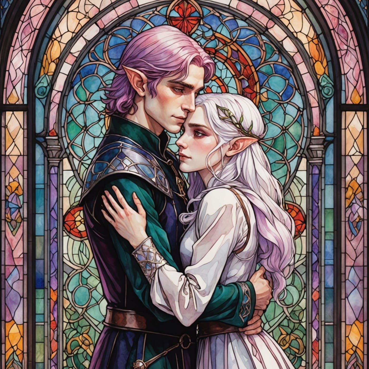 Watercolor Elf Embrace Before Stained Glass