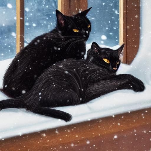Black Cats Napping on Lap by Snowy Window