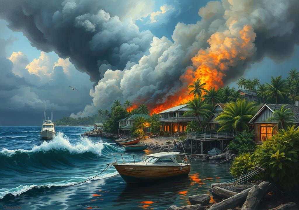 Storm Devastation in Seaside Town: A Luminist Oil Painting