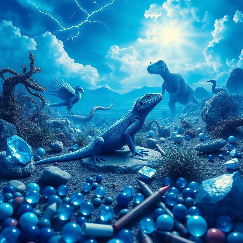 Blue Lizard in Dreamlike Blue Landscape
