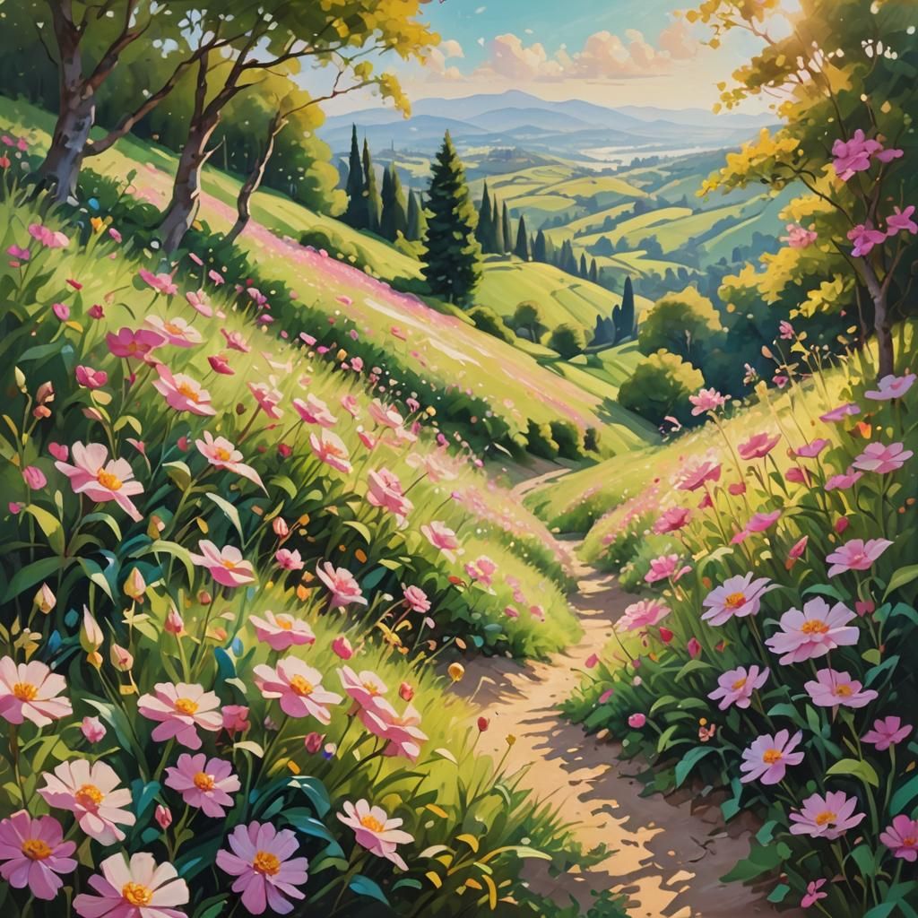 Hill Covered in Pink Flowers as Impressionist Oil Painting