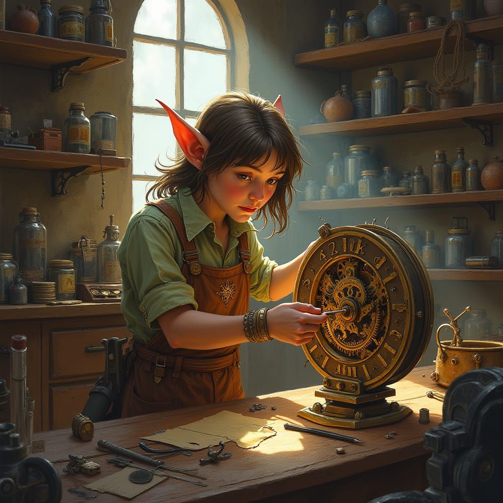 Halfling Ranger Tinkering with Clockwork Contraption