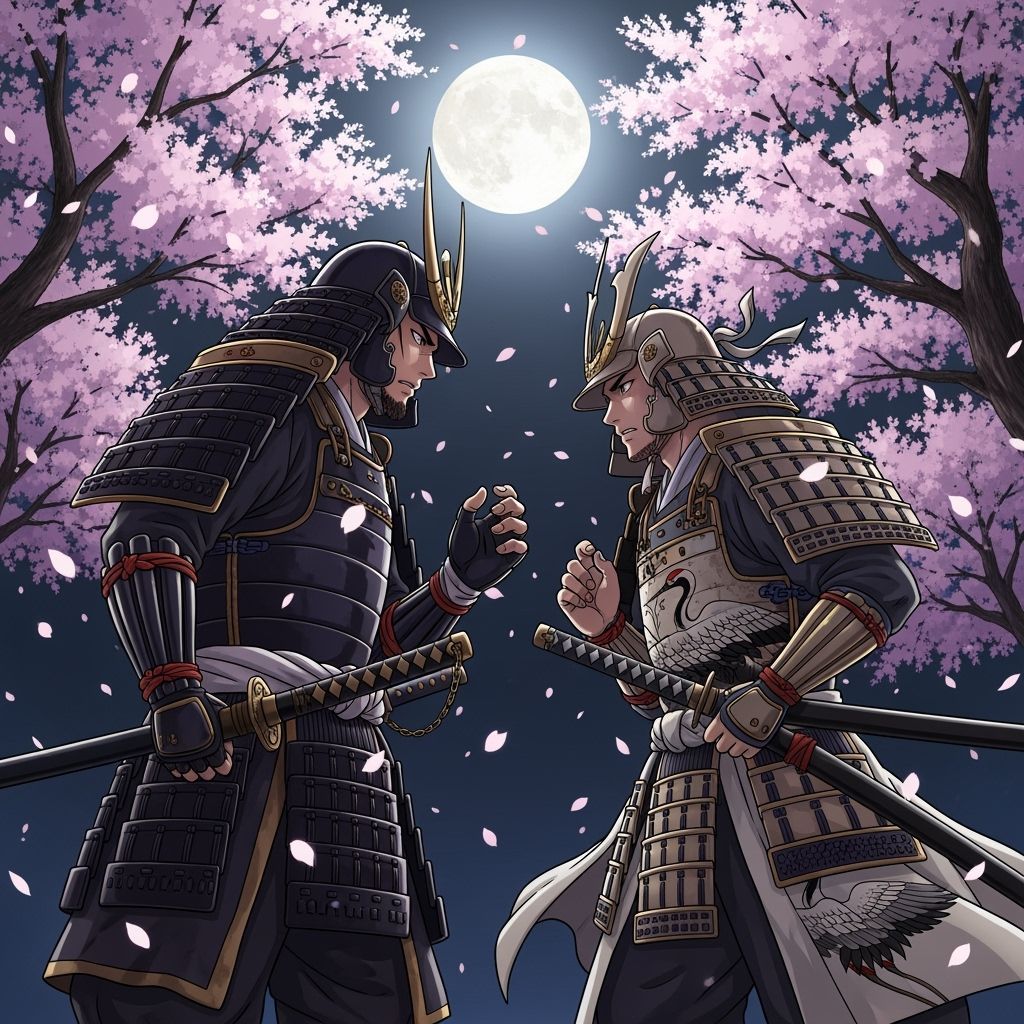 Moonlit Samurai Standoff with Falling Cherry Blossoms in Man...