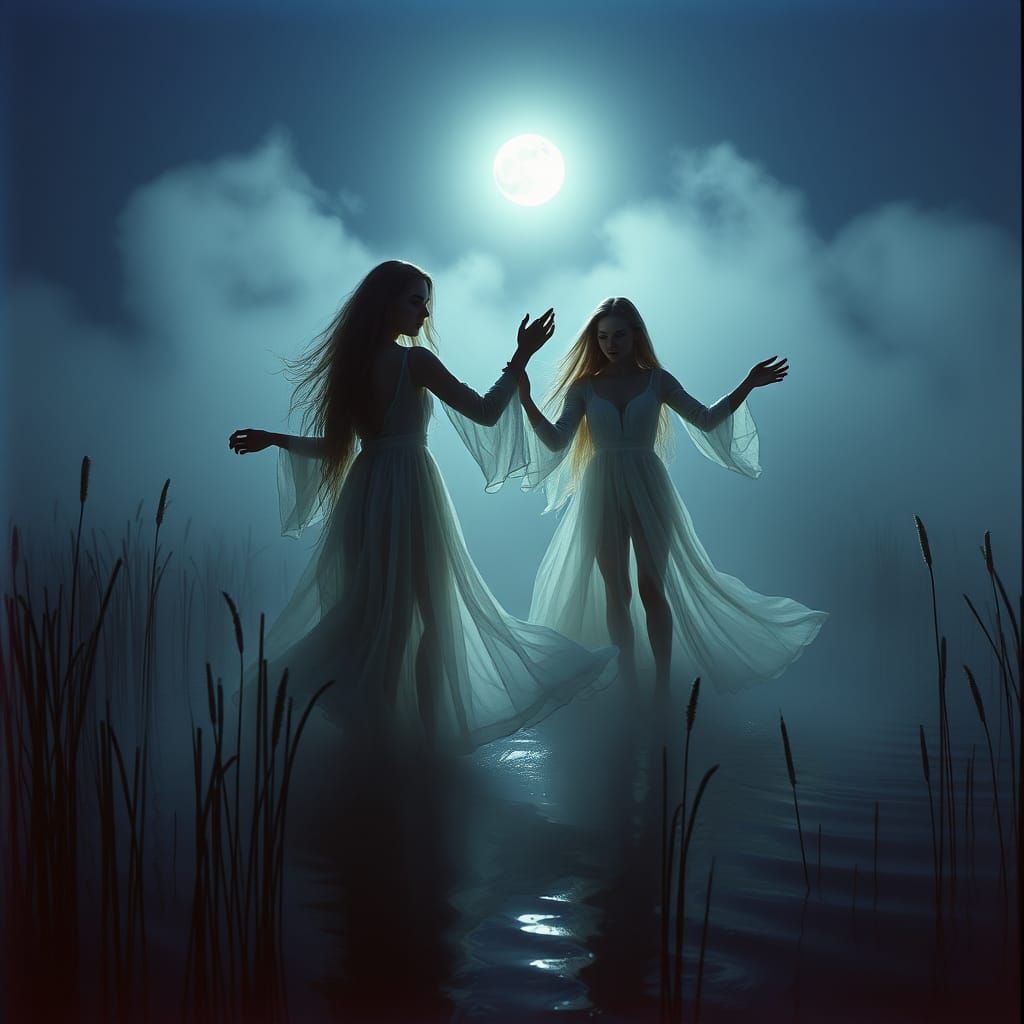 Ethereal Slavic Water Nymphs Dance on Moonlit Lake