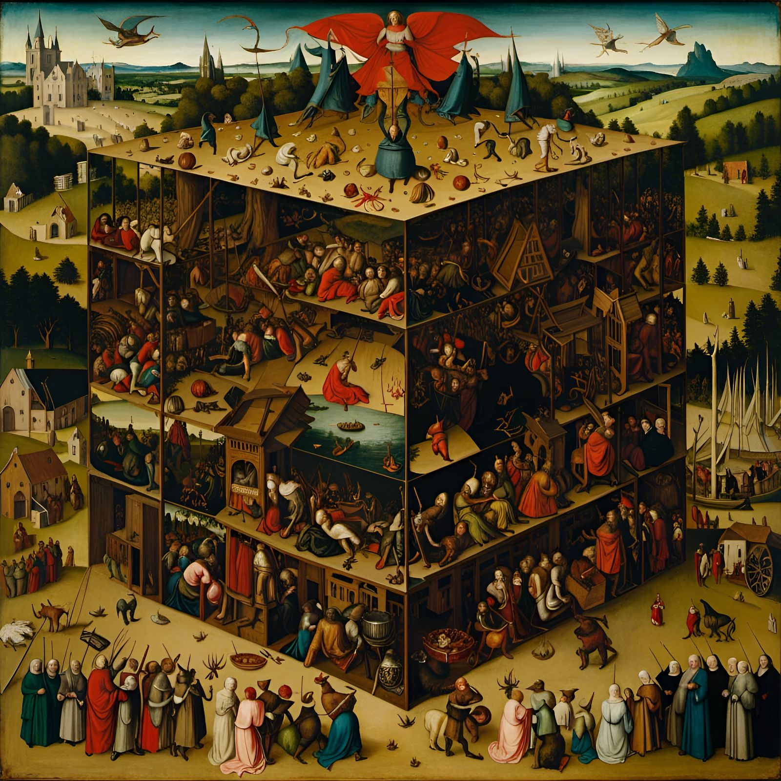 Cube Surrounded by Saints and Demons in Flemish Style