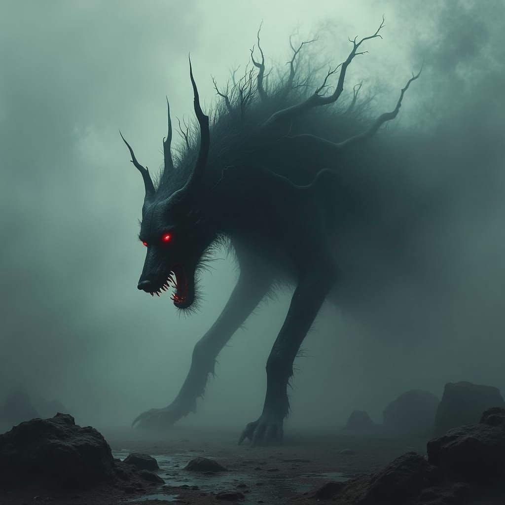 Eerie Black Hellhound in Biomechanical Surrealism