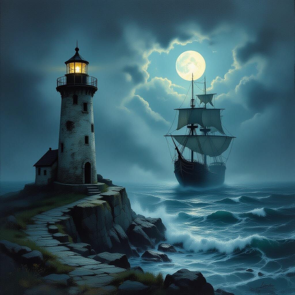 Gothic Lighthouse Amidst Stormy Seas and Spectral Galleon
