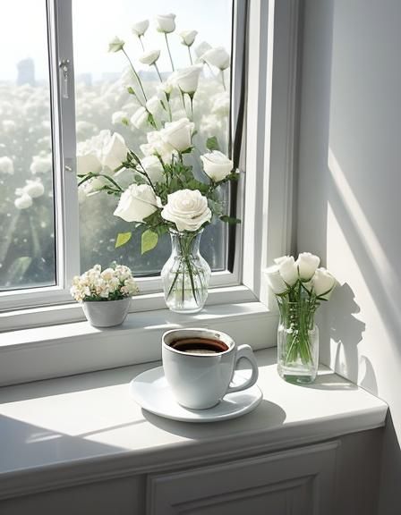 Morning Coffee with White Roses by the Window