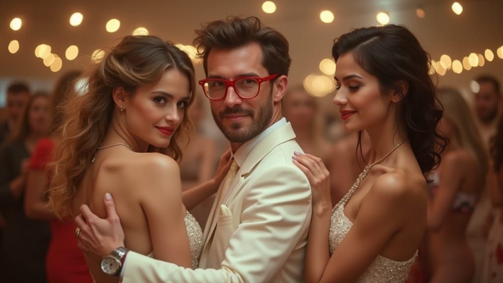 Dapper Gentleman Dancing with Lovely Ladies in Red Frame Gla...