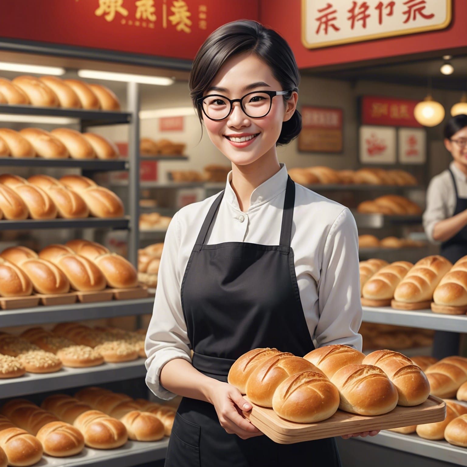 Illustration Chinese market style. A 30 years old short straight hair Chinese lady baker wearing black framed glasses ho...
