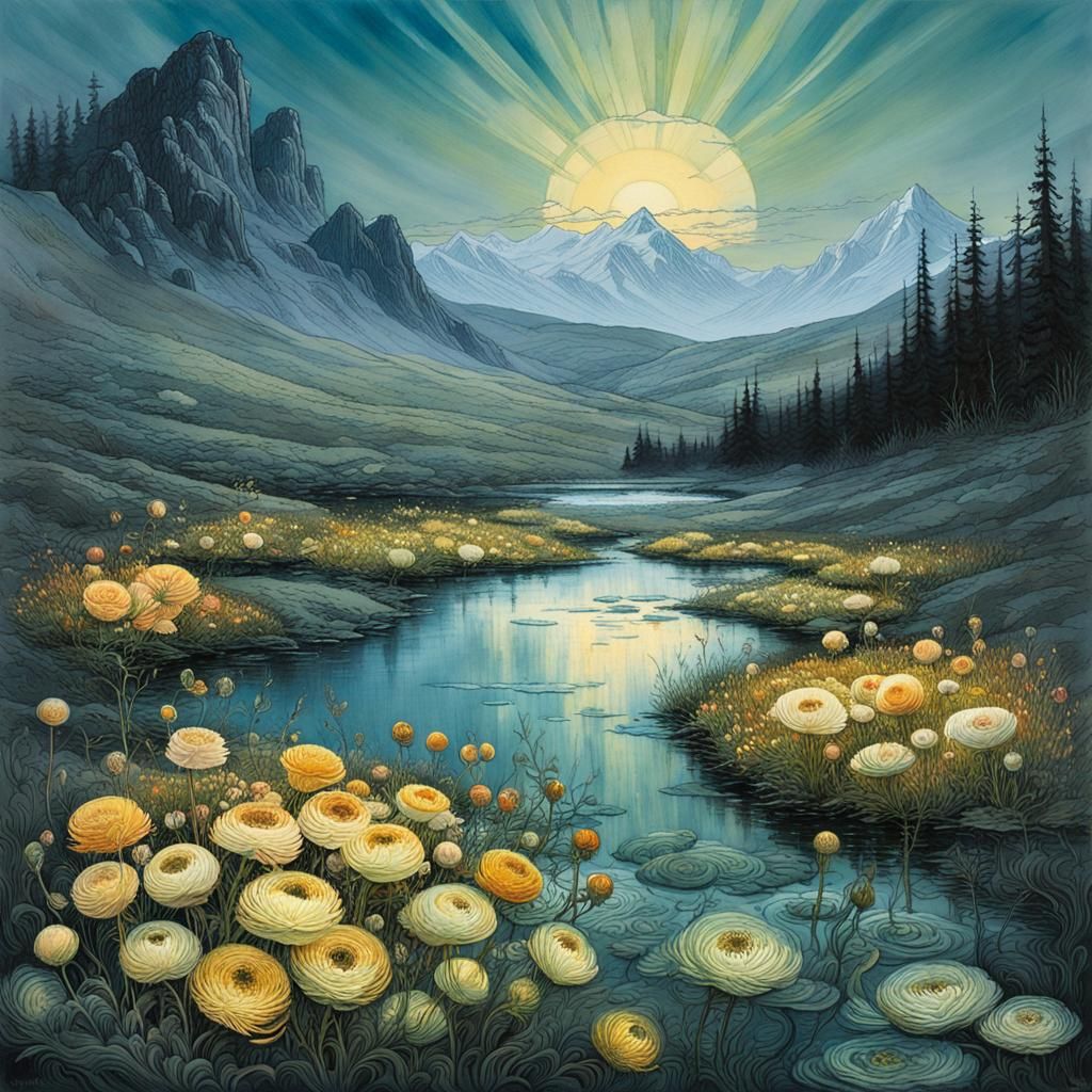 Luminous Crowfoot Carpet on Lake, Art Style