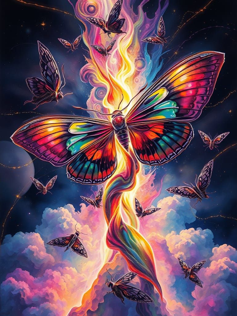 Celestial Flame & Lunar Moths in Cosmic Surrealism