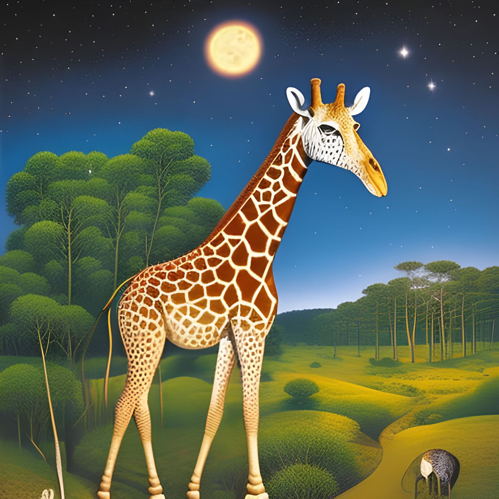 Surreal Giraffe Under Starry Night Sky