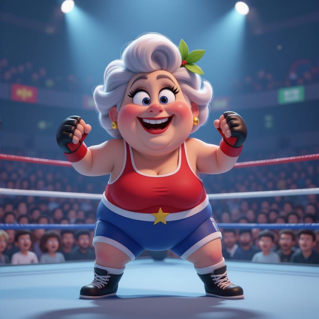 Granny Wrestler Ready for Battle in Boxing Ring