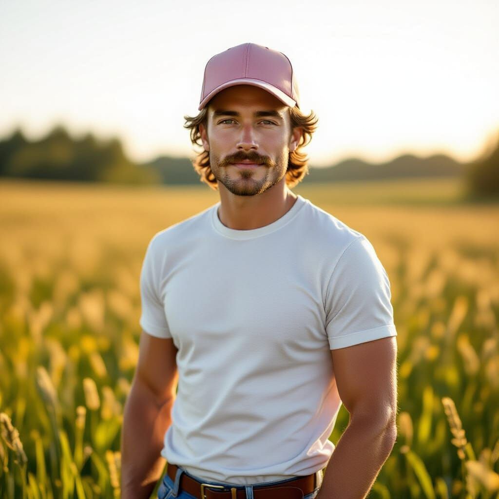 Handsome Man with Mustache in Sunlit Countryside Meadow