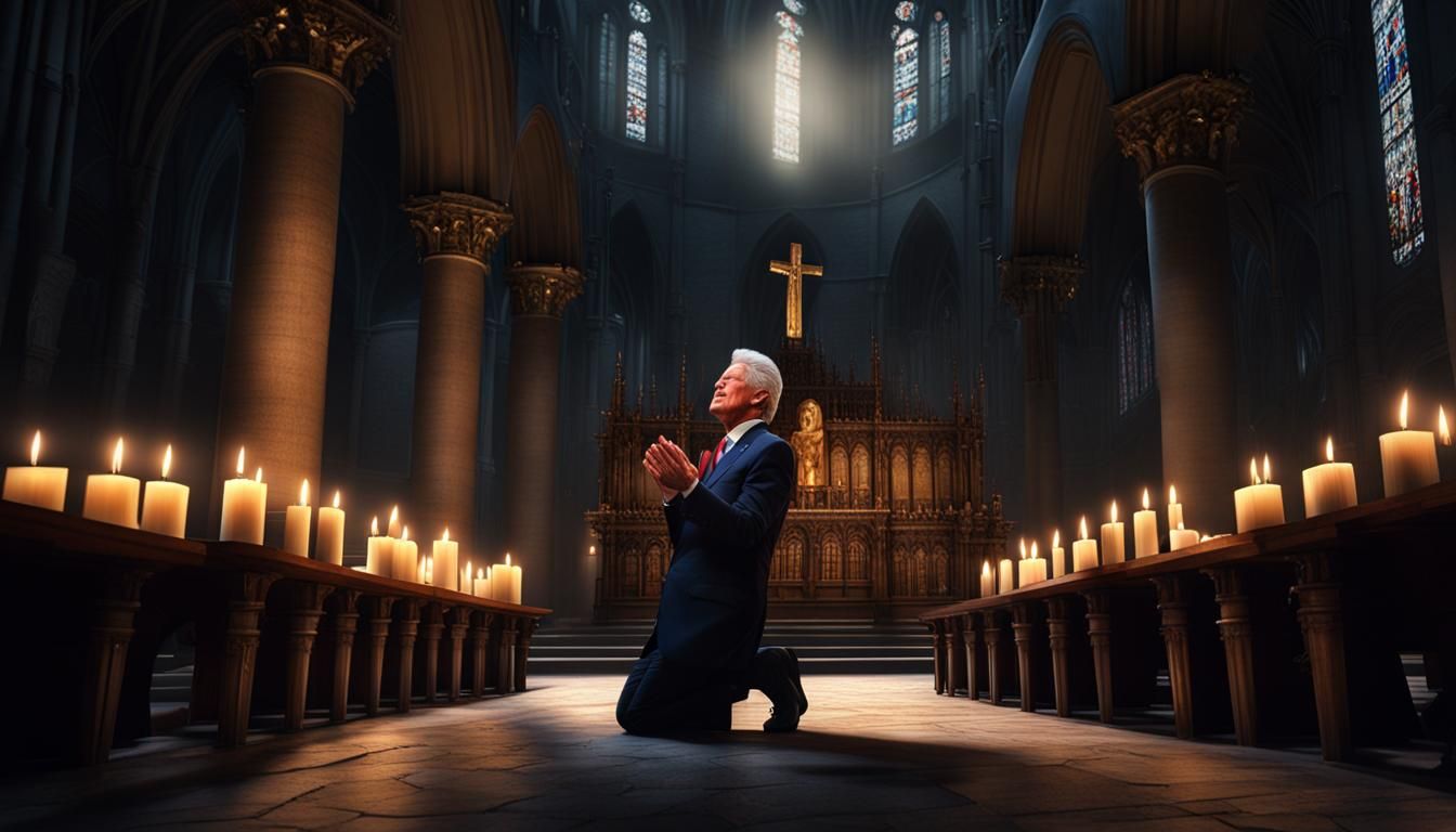 Hyperrealistic Cathedral Scene with Kneeling Figure