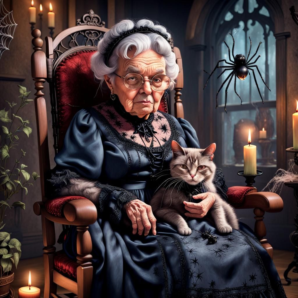 Victorian Gothic Grandma with Cat: Hyperrealistic Digital Ar...