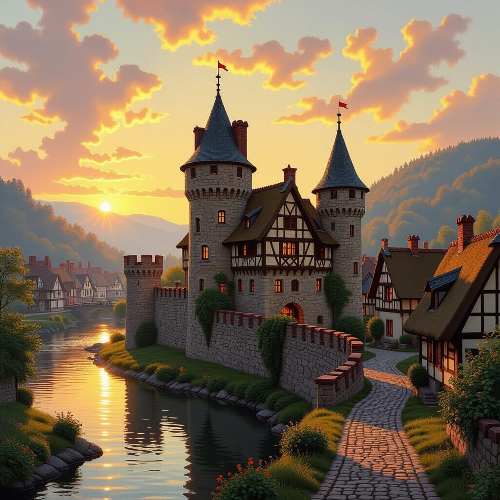 Medieval Castle Village by River at Sunset
