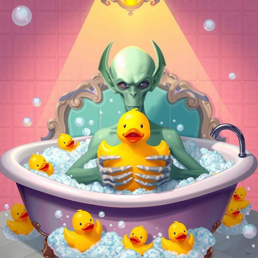 Nosferatu's Whimsical Bath Time with Yellow Rubber Duckies